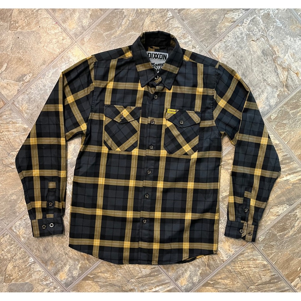 Dixxon Flannel Mama Tried Mens Small Gold Black Plaid Excellent D-Tech Shirt